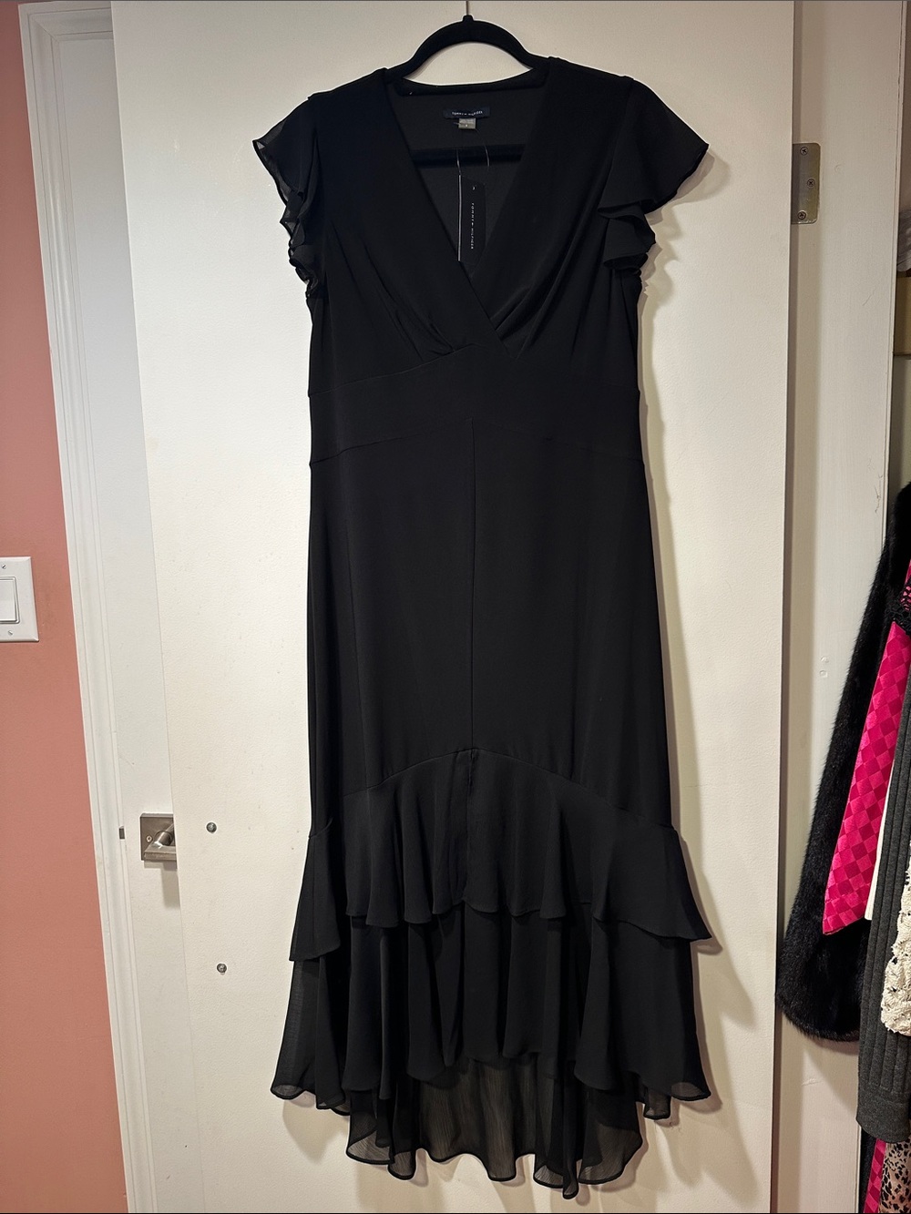 Tommy Hilfiger Black V-Neck Ruffle High-Low Dress